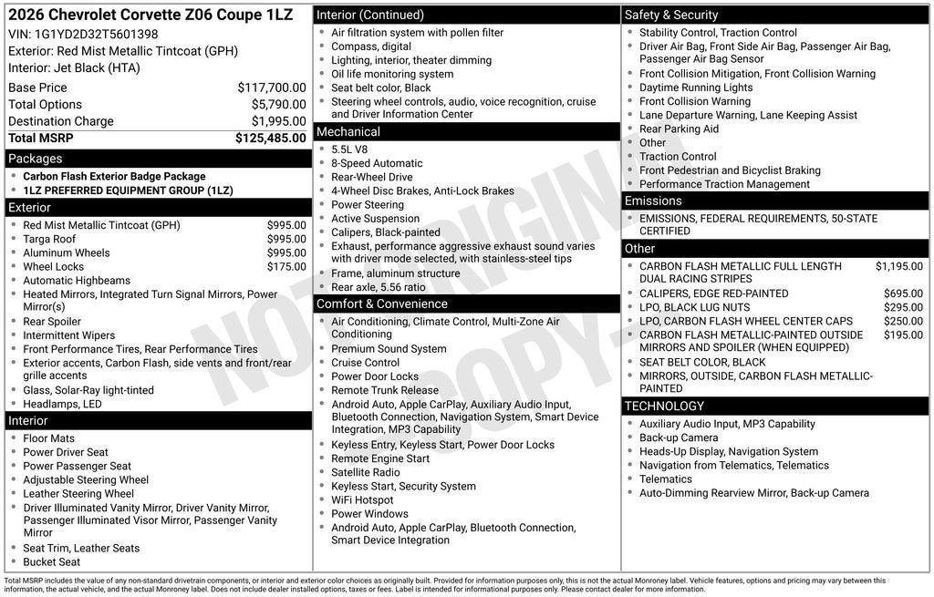 2026 Chevrolet Corvette Z06 1LZ