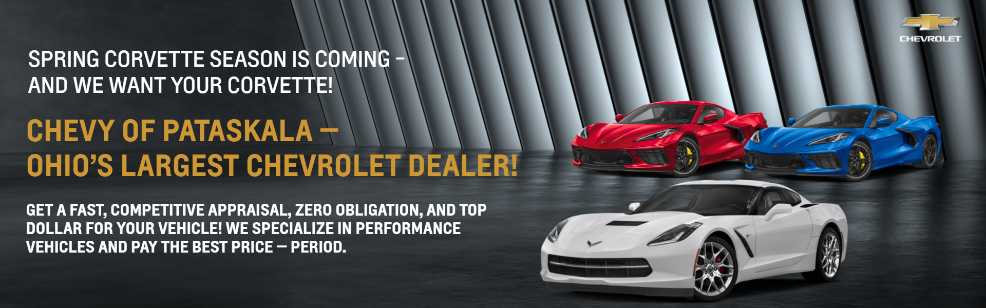 White, Red and Blue Corvette's on black and grey background